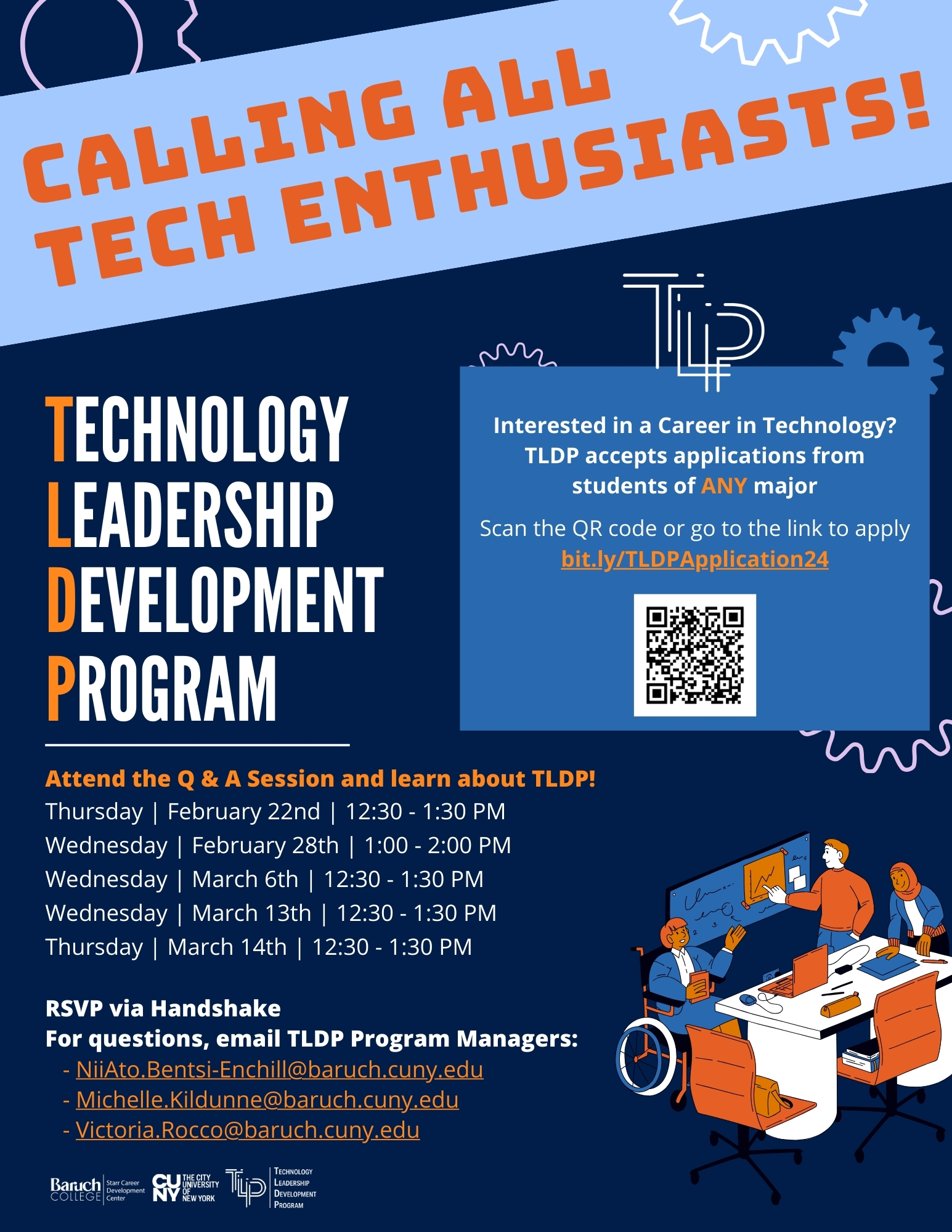 flyer of the Technology Leadership Development Program Spring 2024 info sessions and application